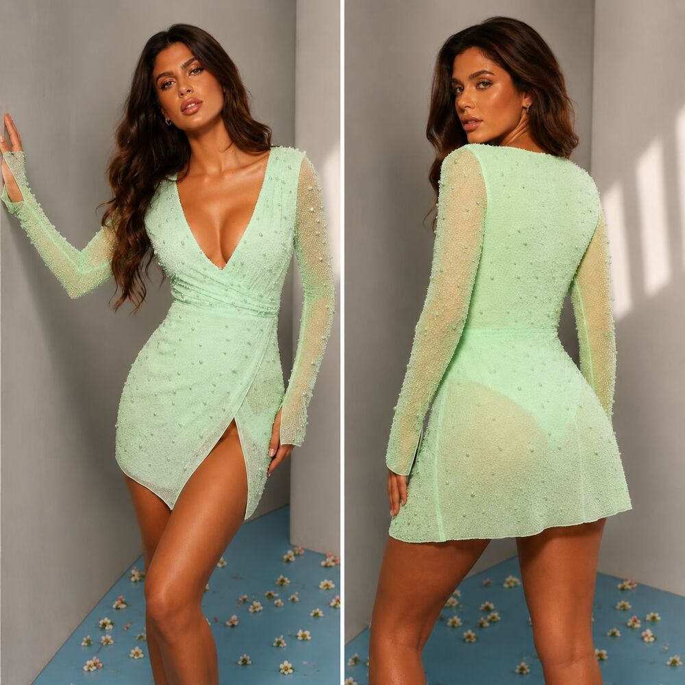 Oh Polly Chelsea Mini Dress 8 Pearl Beaded Wrap Mint Green Bodysuit Glam Party